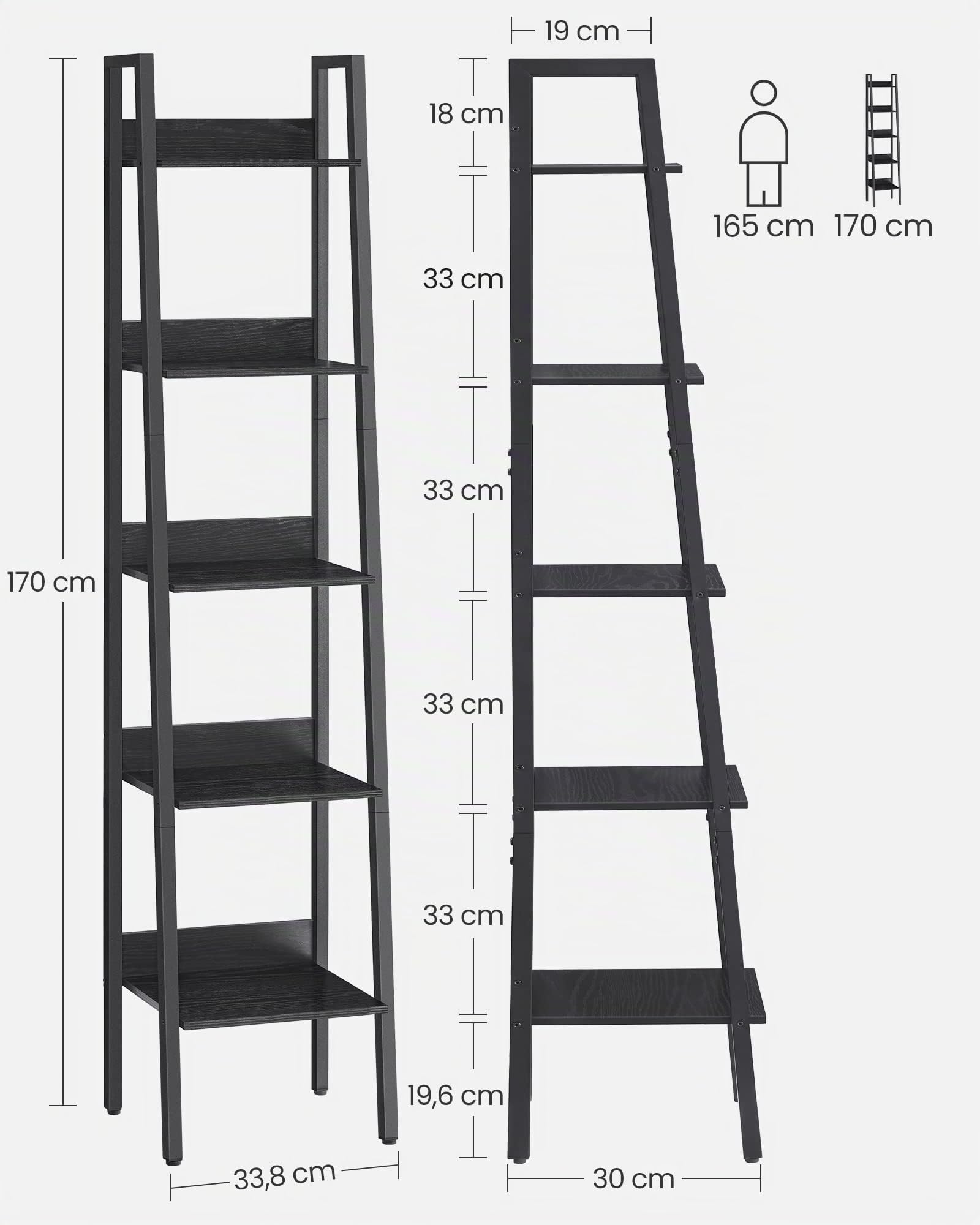 VASAGLE Scaffale a Scala, libreria a 5 Ripiani, Mobile in Piedi, Ufficio, Soggiorno, Camera da Letto, Cucina, Stile Industriale, Legno Nero LLS109B56