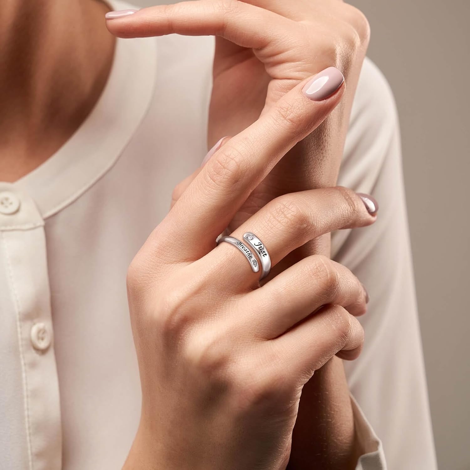 Sterling Silver Just Breathe Rings Inspirational Lotus Ring Adjustable Open Encouragement Jewelry Gift for Women - Image 2