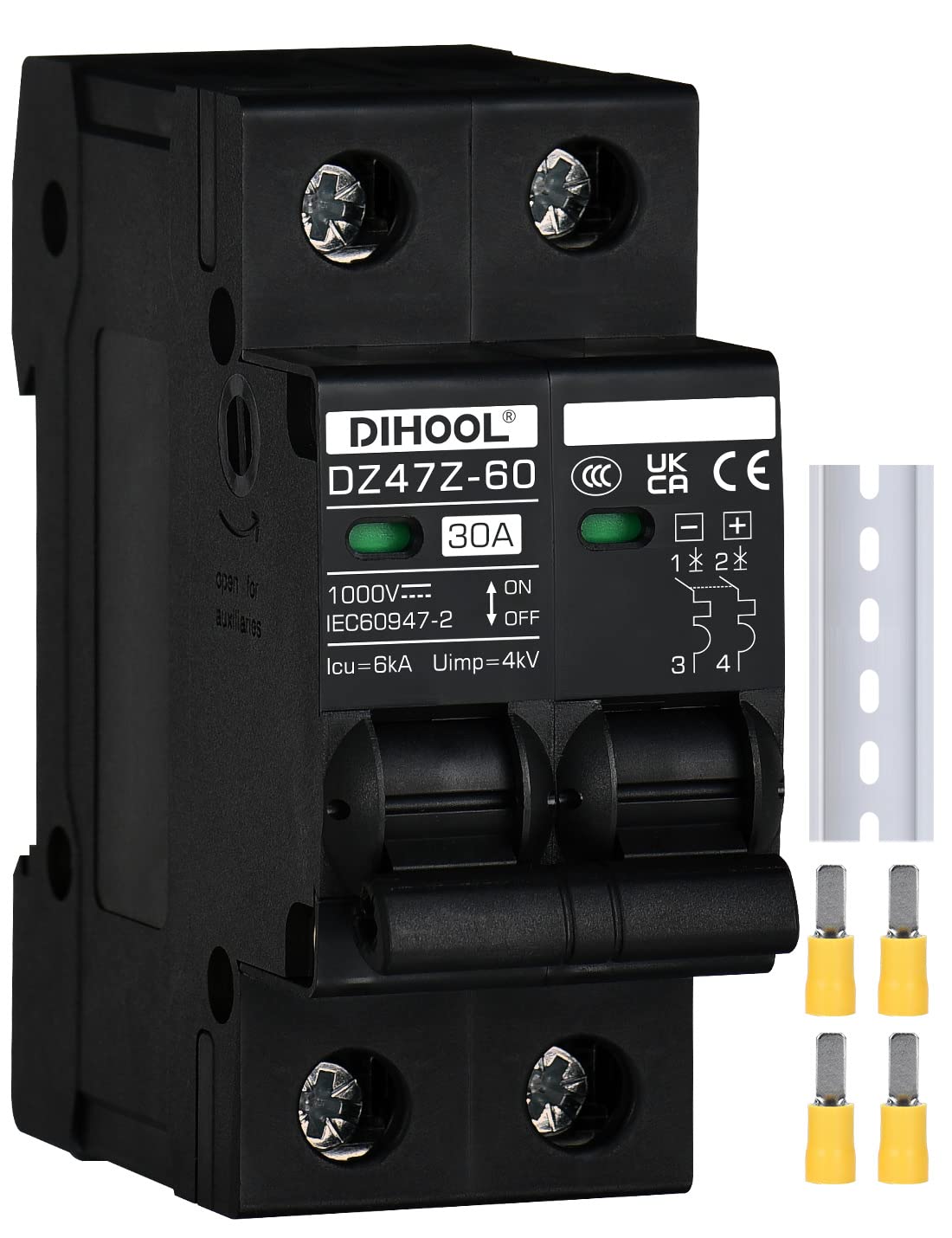 DIHOOL Wyłącznik 1000VDC Solar PV Bezpiecznik fotowoltaiczny automatyczny (DC1000V,2 Pole,30 Amp)