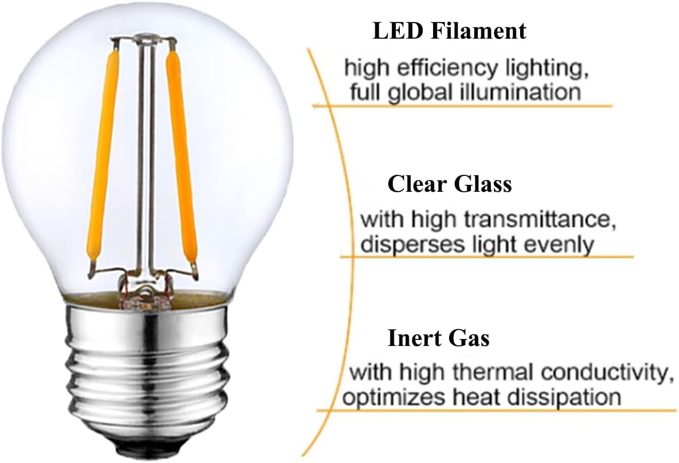 Beonllay Dimmable 2W LED Globe Bulb 25Watt Equivalent E26 Light Bulb Warm White 2500K LED Edison Bulb, Vintage Filament Edison Decorative Bulb for Chandelier, Ceiling Fan, 6 Pack
