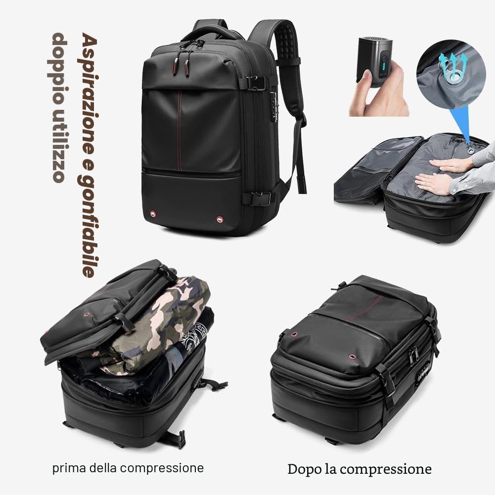 Zaino sottovuoto da viaggio, 62 l, espandibile, con compressione sottovuoto, antifurto, dotato di dispositivo di aspirazione dell'aria