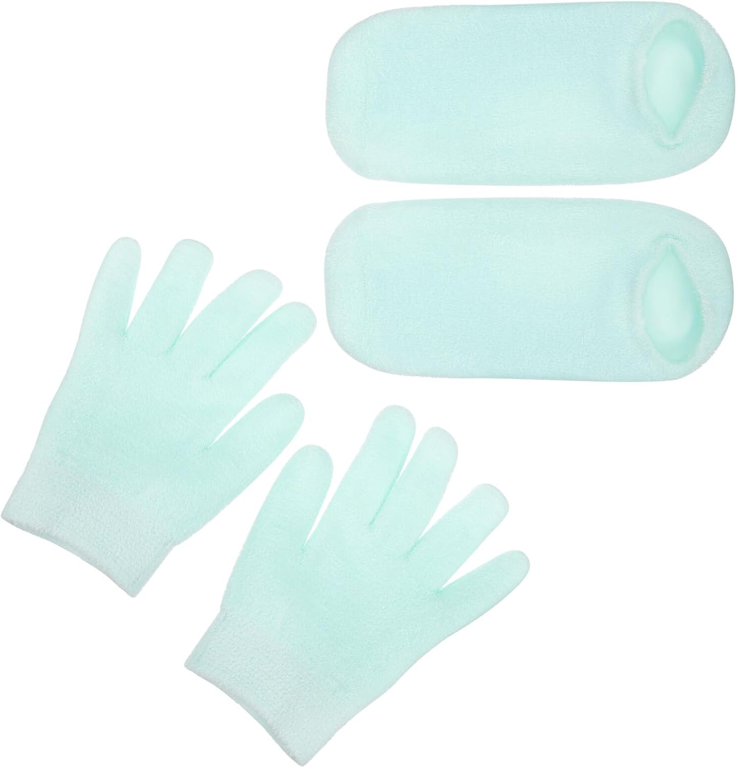 Beavorty 4pcs Women Moisturizing Gel Gloves and Socks Set Hand and Foot Care Green Knitted Gel Gloves with Soft Yarn for Cracked Skin