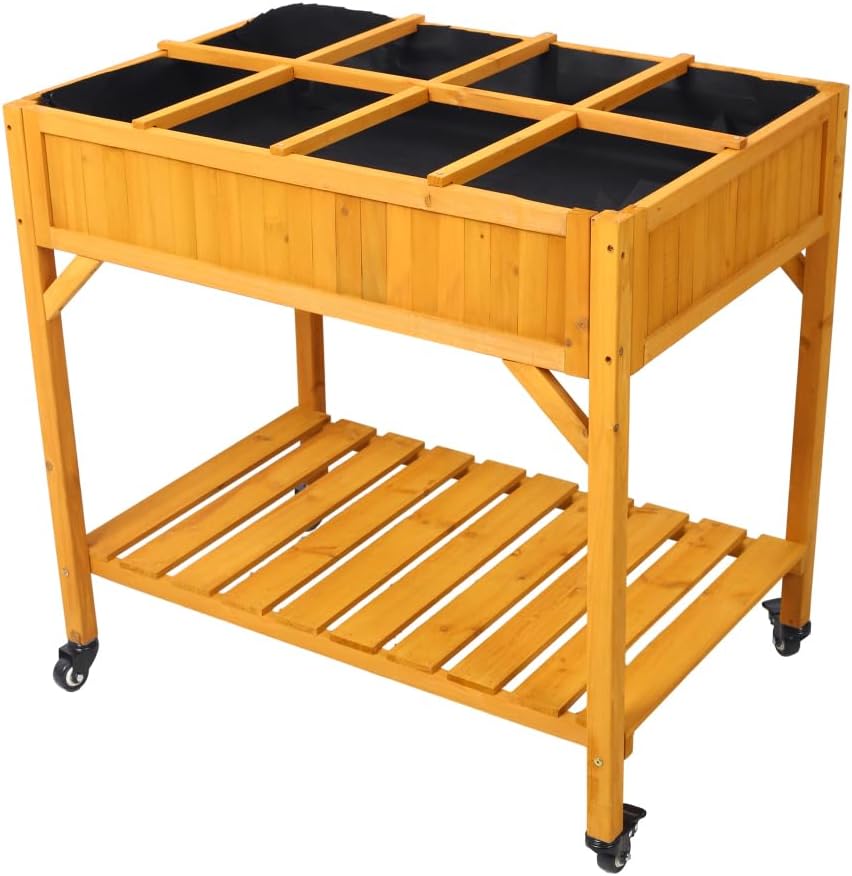 Three-Tier Vertical Garden Planter with Built-in Trellis, Mobile Rolling Base, and Rear Storage Compartment for Flowers, Vegetables, and Herbs (Brown + Wood)