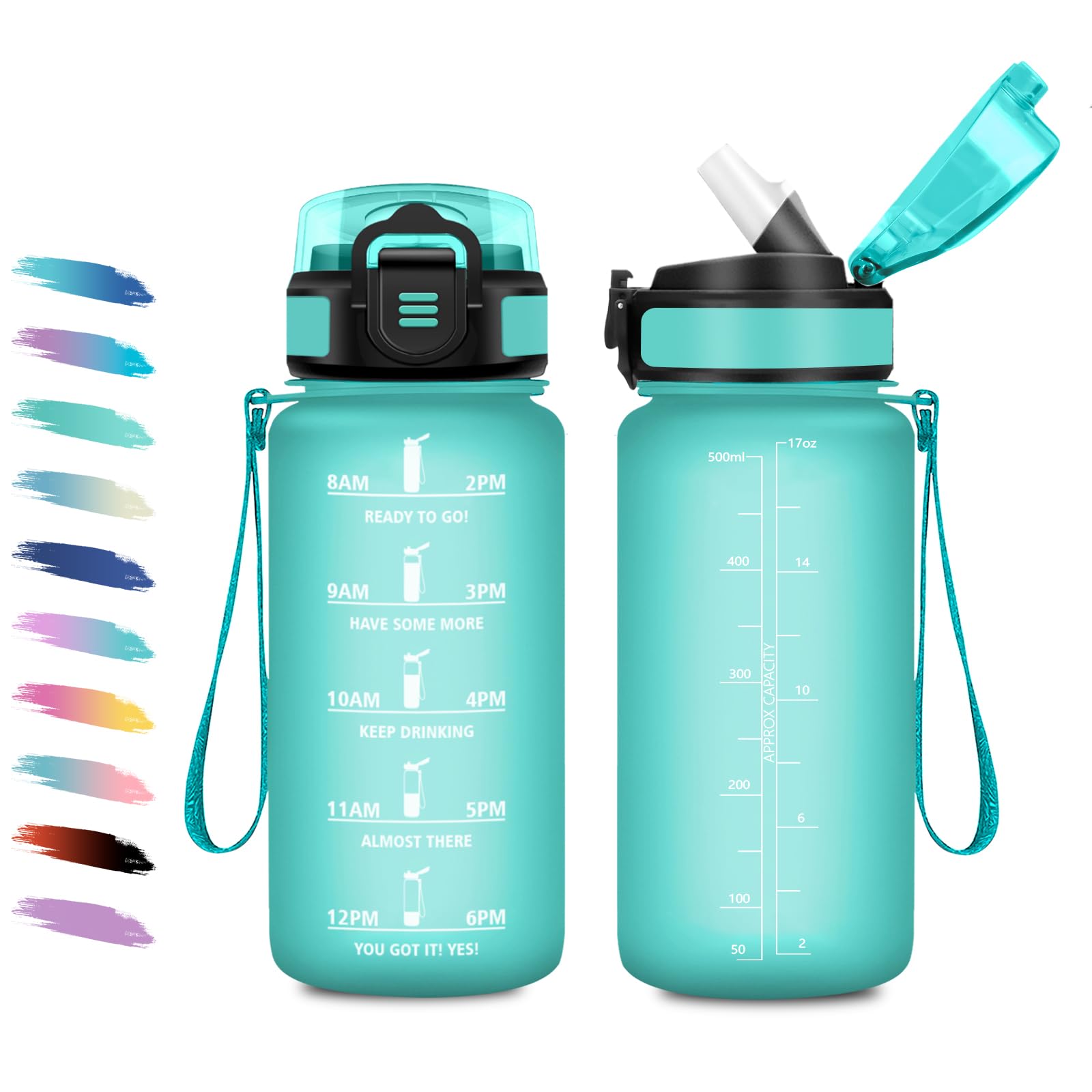 Drinkfles voor meisjes, 500 ml, lekvrij, motiverende waterfles met rietje, sportwaterfles met tijdweergave, drinkfles voor kinderen, camping, school, kantoor, werk