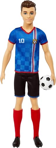 Mattel Barbie Ken Soccer Doll, Cropped Hair, Colorful #10 Uniform, Soccer Ball, Cleats, Tall Socks, Great Sports-Inspired Gift for Ages 3 and Up, HCN15