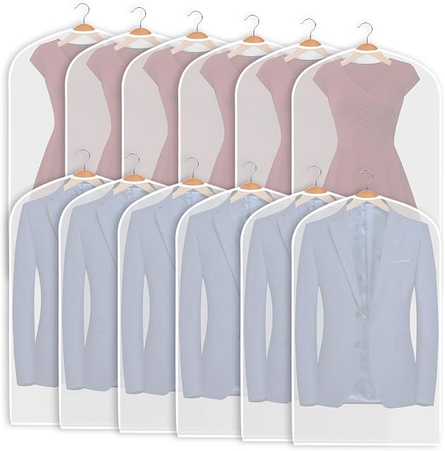 Univivi Garment Covers for Hanging Clothes, Dustproof Clothes Cover Garment Coat Bags with [No Zipper] PEVA Translucent Waterproof Anti-mite Breathable Suit Protector Bag-12Pcs-60 * 100cm