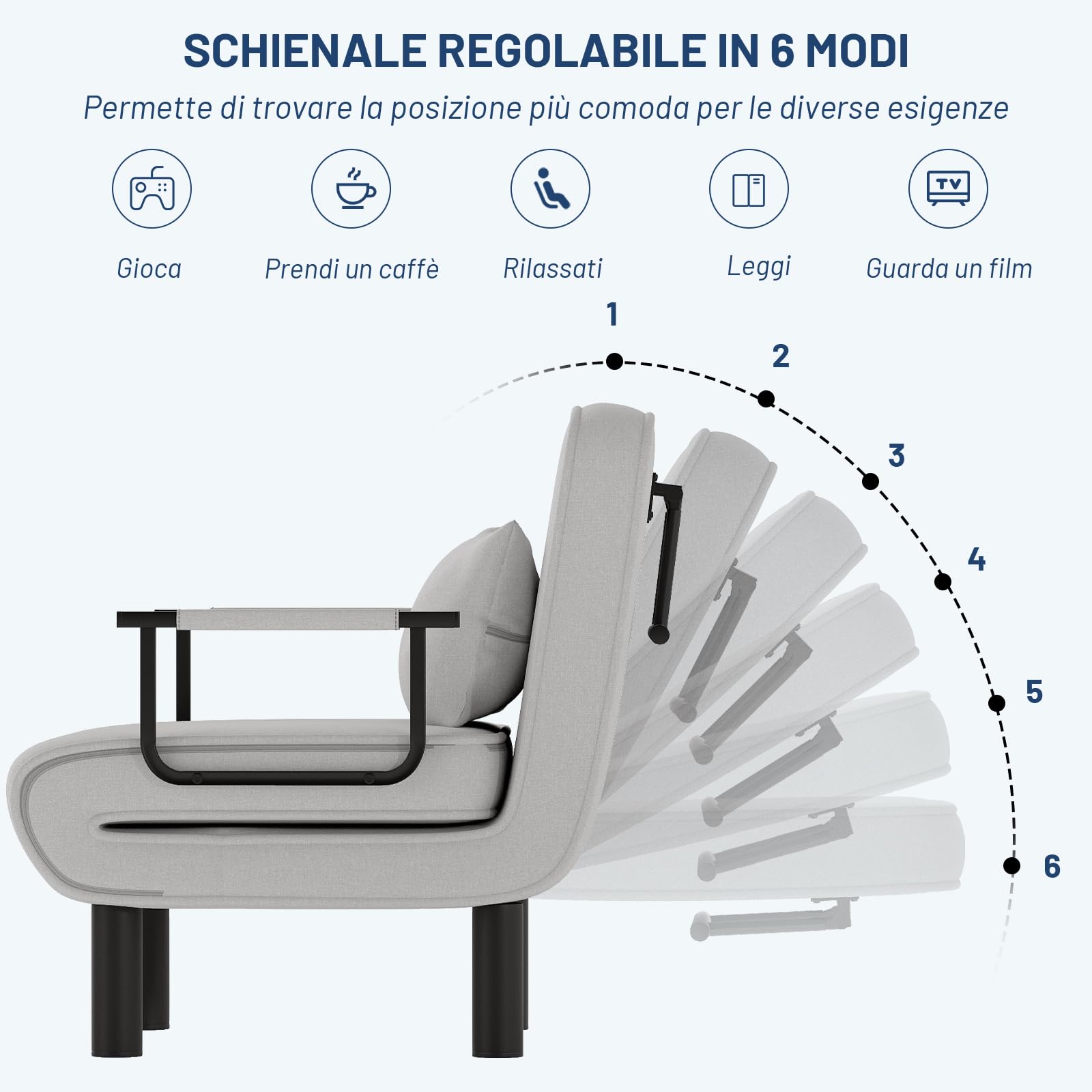 Poltrona Letto 4 in 1, Poltrona Divano Letto Singolo, Poltrona Pieghevole con Schienale Regolabile in 6 Posizioni per Camera da Letto Soggiorno Ufficio, Gregio chiaro