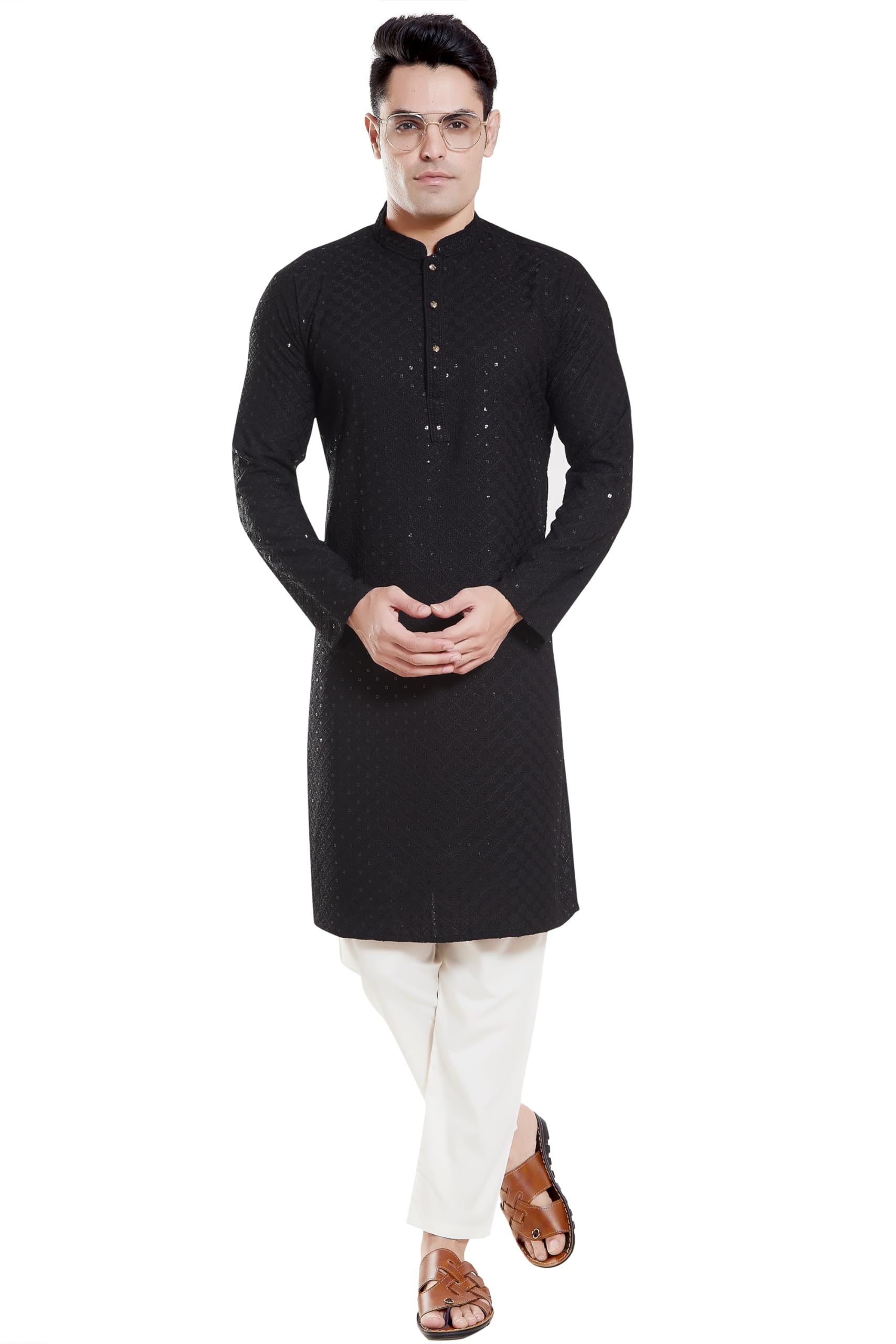 Divisive Men's Sequince Embroidered Cotton Blend Slim Fit Kurta Pyjama Set (Dkrt154_L_Black)