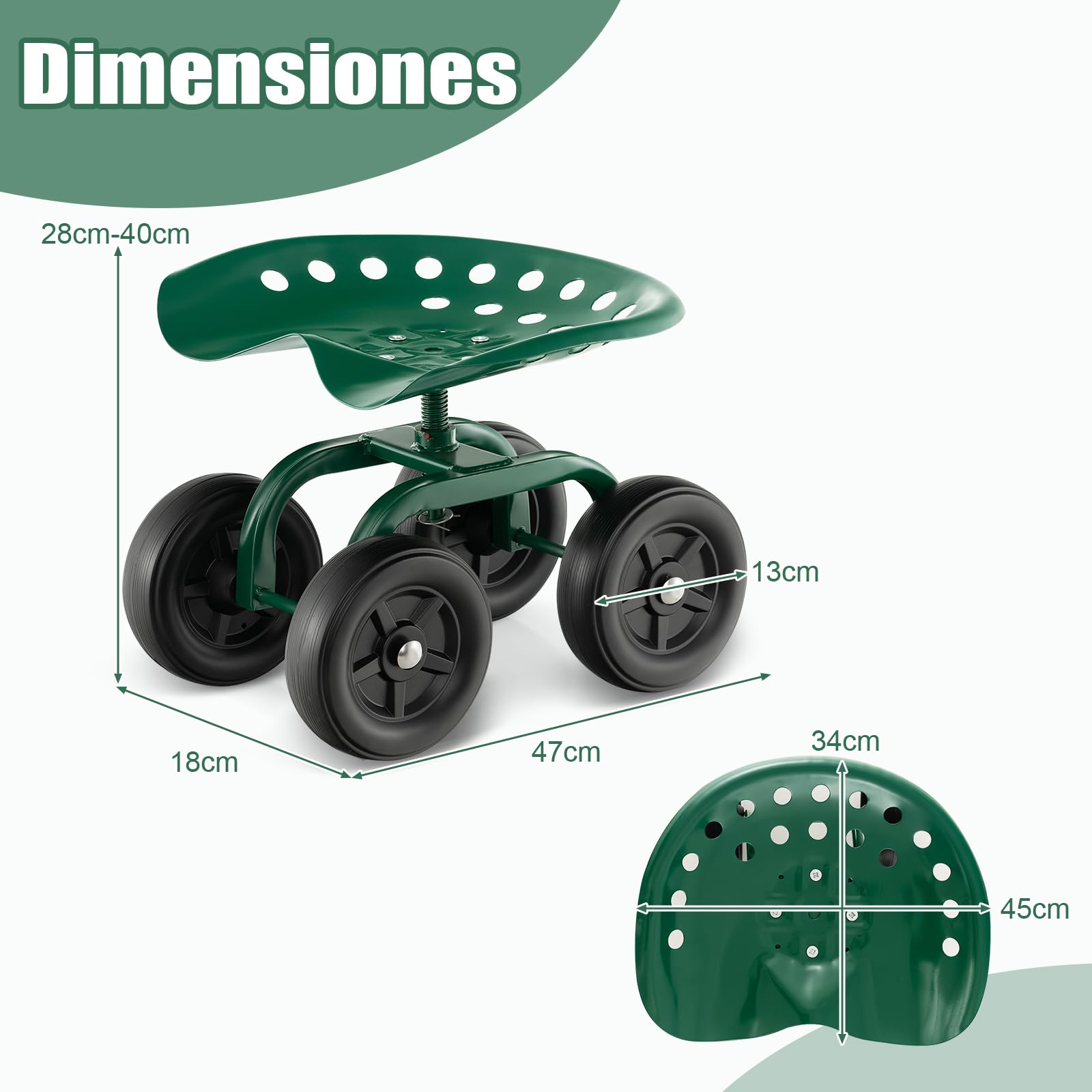 GOPLUS Asiento de Jardín con Ruedas, Taburete Móvil para Jardinería con Asiento Giratorio de 360° y Altura Ajustable 28-40 cm, Carrito para Trabajo en Jardín Patio Césped, hasta 150 kg