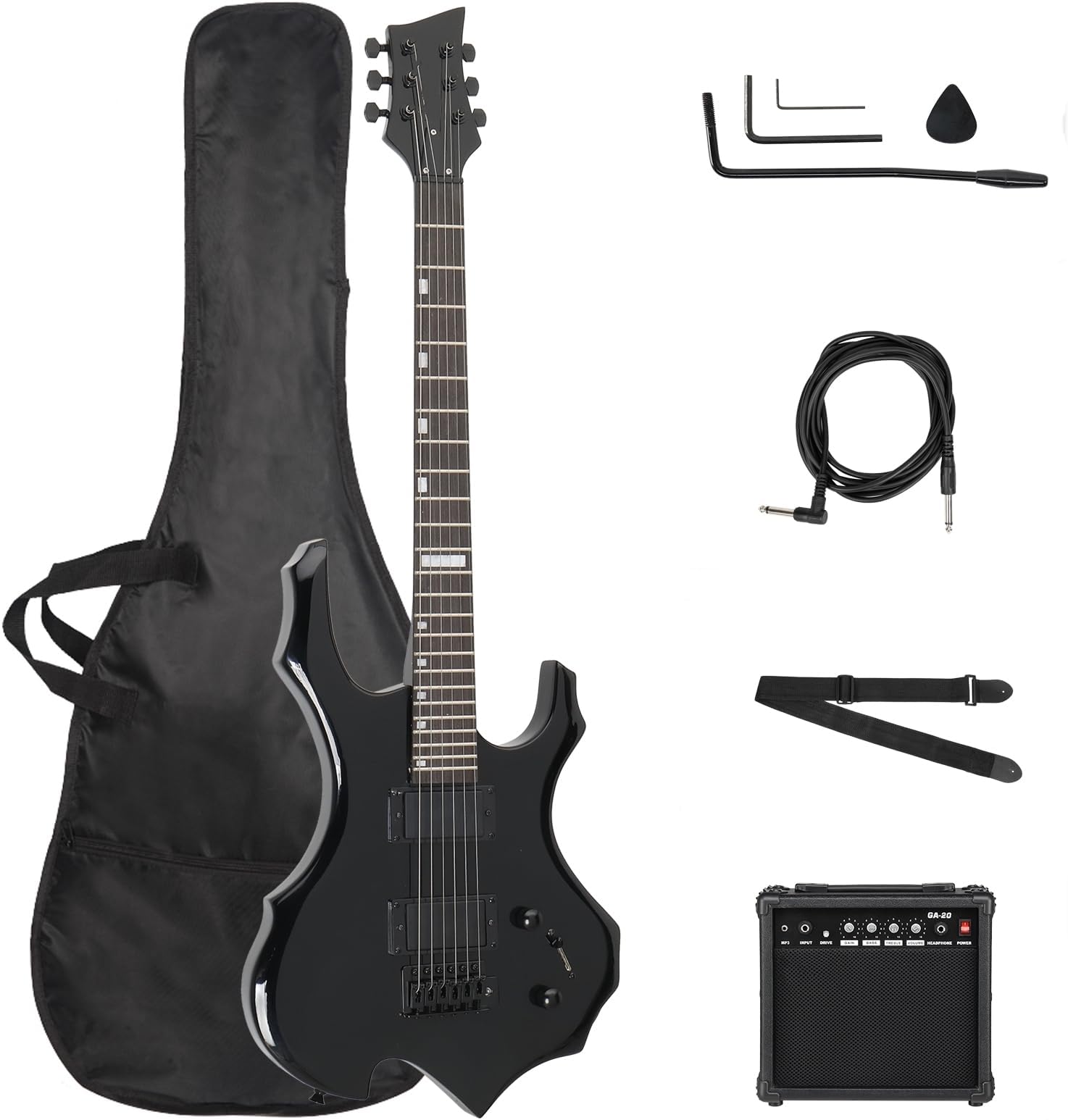 Solid Body Electric Guitar, Flame Design Electric Guitar Kit with 20Watt Amp, Gig Bag, Shoulder Strap, H-H Pickups 36 Inch Electric Guitars for Beginners & Professional (Black)