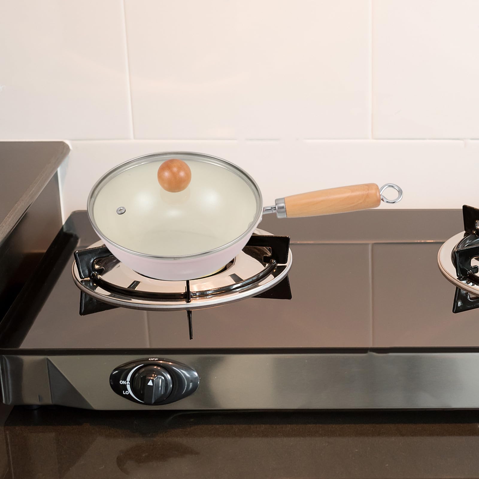 Mobestech Sartén de Hierro Antiadherente con Mango de Madera y Tapa de Vidrio para Cocina de Inducción, Resistente al Desgaste y Superficie Antiadherente