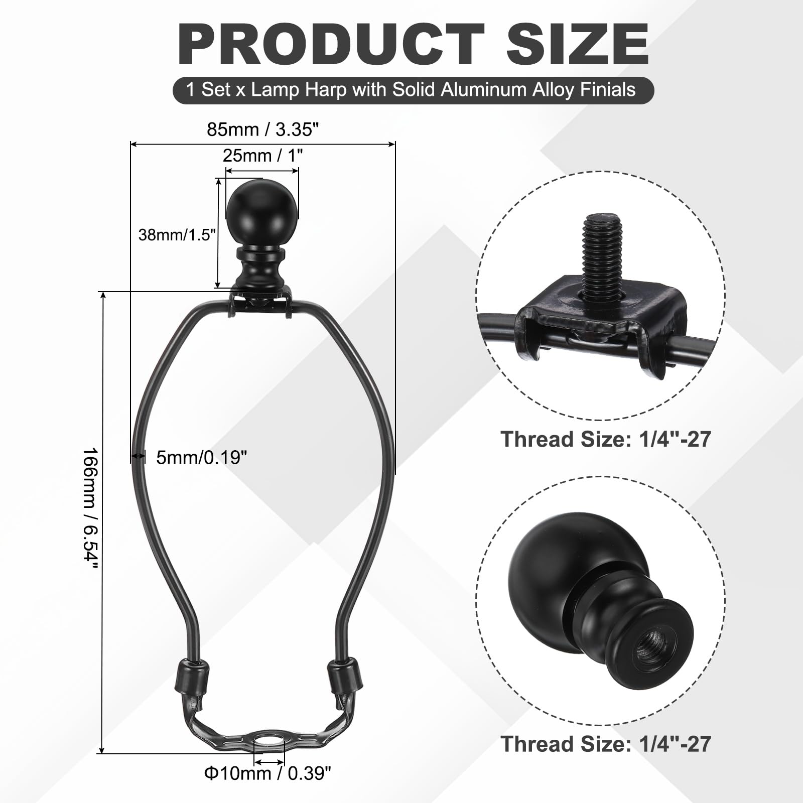 PATIKIL 6.5 Inch Lamp Harp Kit with Finial, 1 Set Detachable Shade Bracket Holder, DIY Lighting Accessories for Table Floor Lamps Black - Image 3
