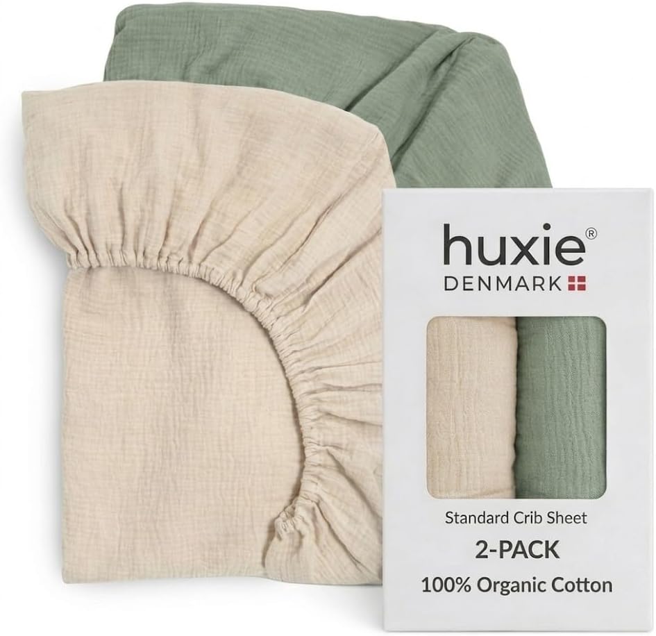 Crib Sheets – Organic Cotton Muslin Fitted Crib Sheet – Standard Size for Baby Boy and Baby Girl 28" x 52" Ultra-Soft and Breathable. 2-Pack (Fog/Roman Green)