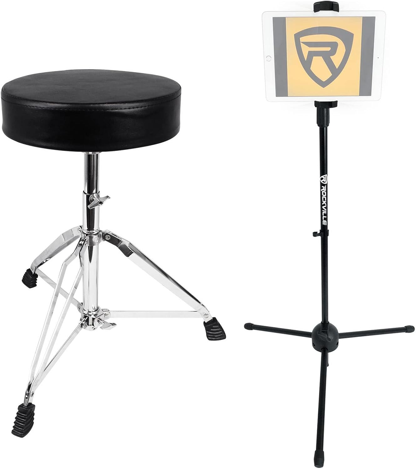 Rockville Drum Throne Bundle: RDS30 Deluxe Thick Padded Foldable Stool, Adjustable Height with iStand 20 Tripod Tablet/Smartphone Stand, Fits iPhone, iPad, Galaxy Devices, 2-Items