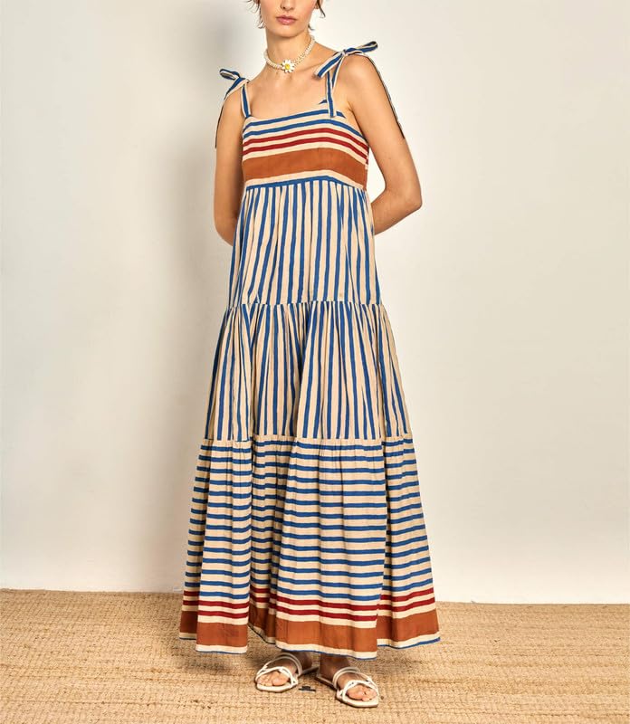 Image of SOOKABEILA Women Striped Sleeveless Maxi Dress Flowy Smocked Tie Shoulder Dress Backless Spaghetti Strap Boho Sundress