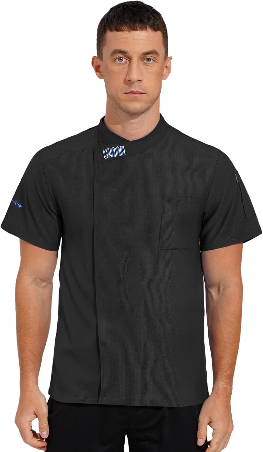 FEESHOW Men Stand Collar Short Sleeve Chef Jacket Restaurant Hotel Kitchen Work Uniform Food Service Clothes