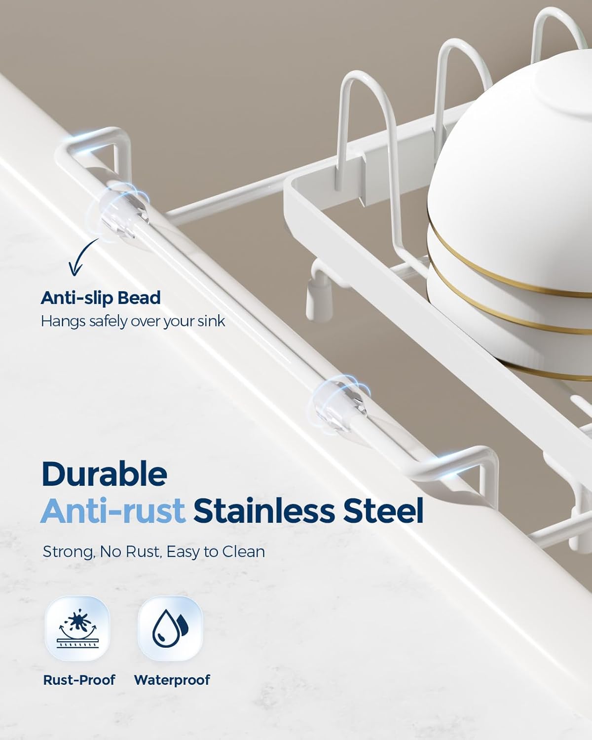 Nacial 2-in-1 Small Dish Drying Rack Fits 14''–21.8'' Sink, Dish Drainers for Kitchen Counter Extend Kitchen Sink Drain Basket with Utensil Holder & Auto-Drain Tray, Stainless Steel Plate Rack, White