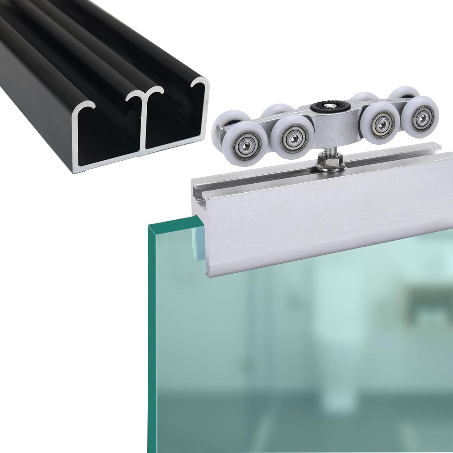 Frameless Sliding Glass Door Track Hardware - Cuttable Aluminium Double Track and Rollers, Concealed Glass/Wardrobe/Bypass Door Rail, Easy to Install(Black,7ft/2.1m)
