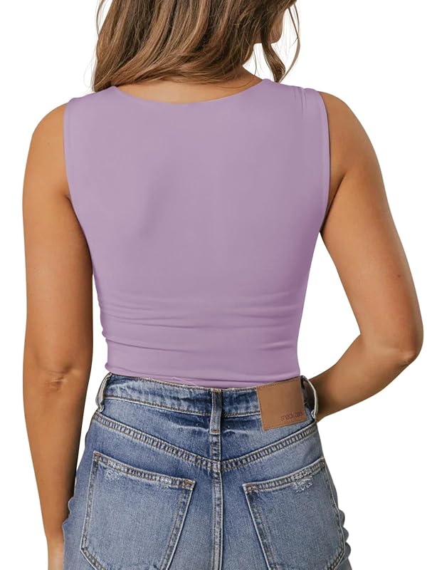 PINKMSTYLE Basic Tank Tops for Women Double Lined V Neck Tops Summer Outfits Sleeveless Shirts Violet Medium by PINKMSTYLE - Used condition - Image 6