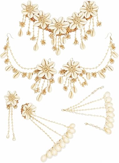 Sanvatsar Traditional Gota Patti Bridal Jewellery Set with Cowrie Shell and Pink Flowers, Haldi Ceremony Necklace, Earring...
