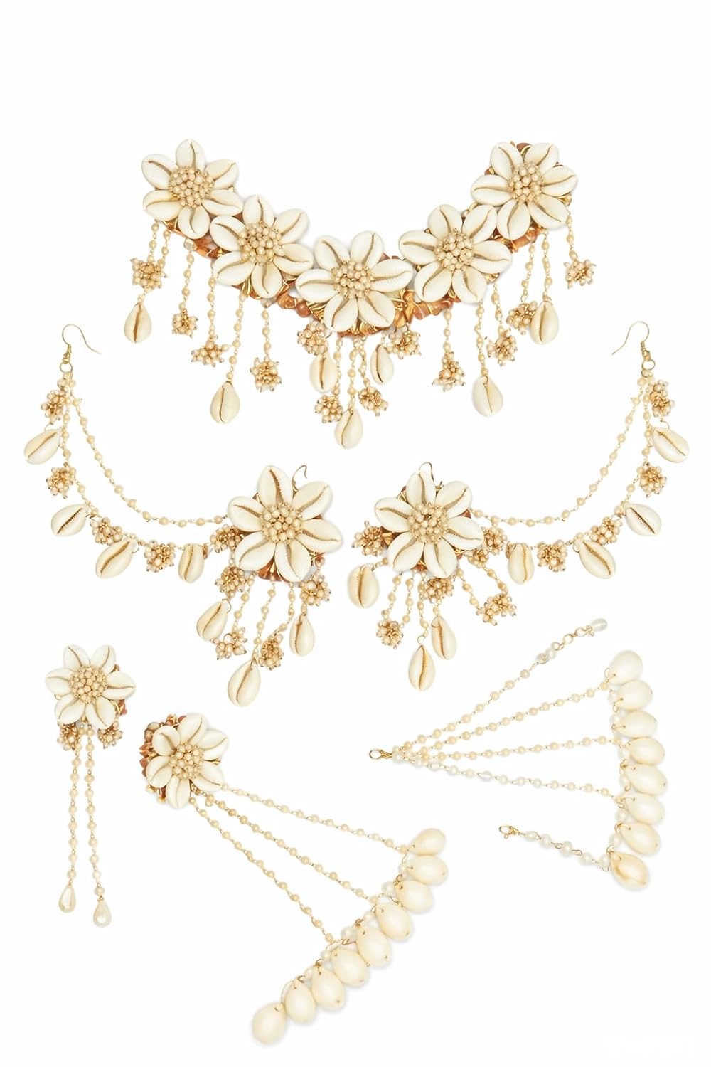 Sanvatsar Traditional Gota Patti Bridal Jewellery Set with Cowrie Shell and Pink Flowers, Haldi Ceremony Necklace, Earring...