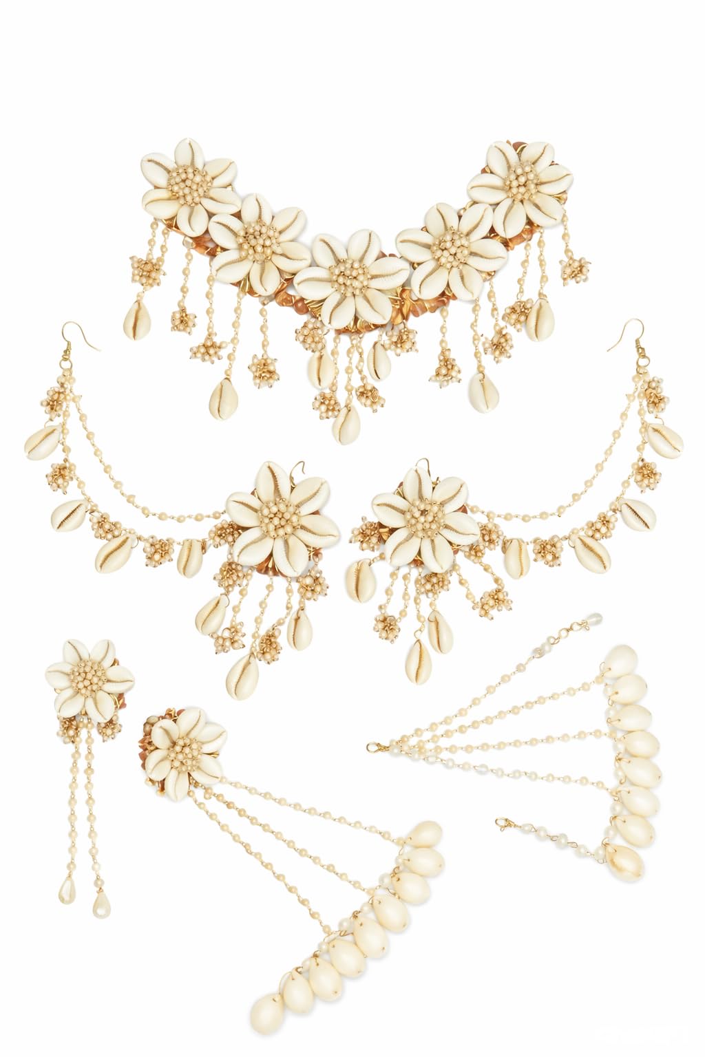 Traditional Gota Patti Bridal Jewellery Set with Cowrie Shell and Pink Flowers, Haldi Ceremony Necklace, Earrings, Bracelet, Maang Tika-image-18