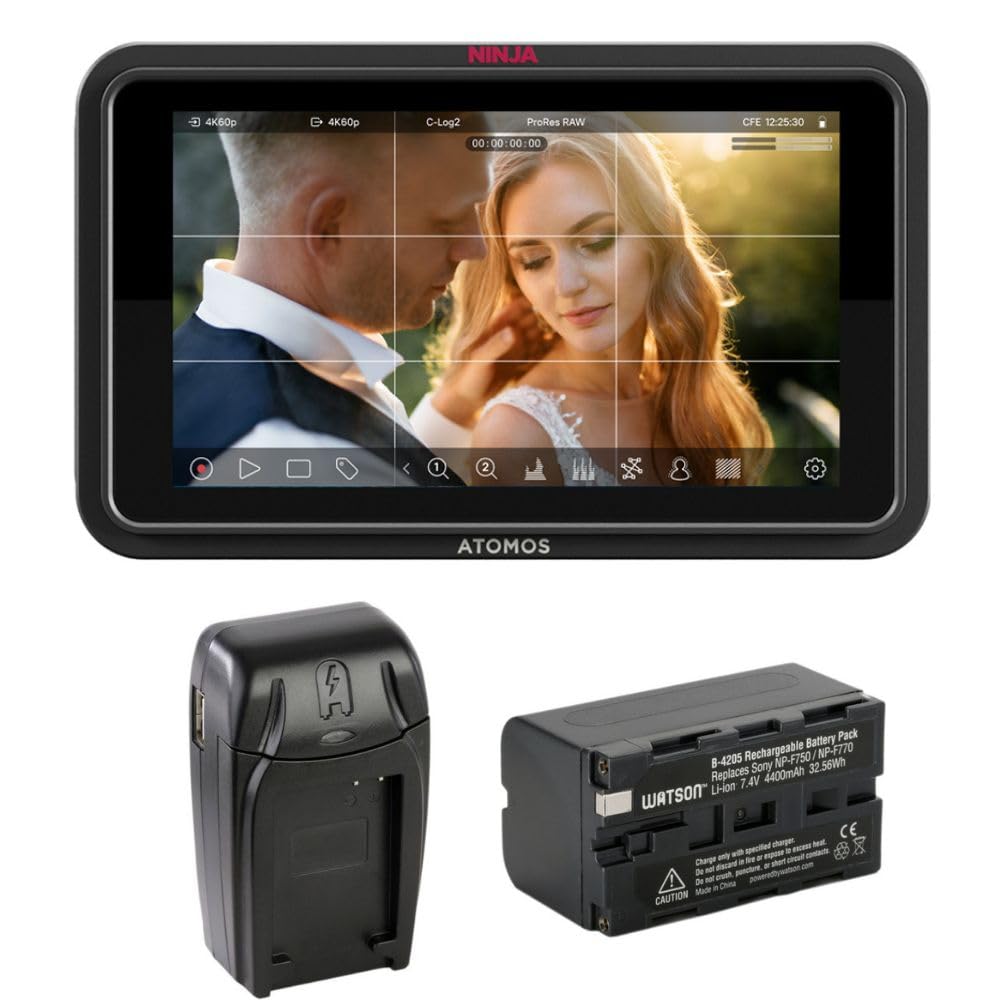 Atomos Ninja TX GO 5-inch Camera Monitor-Recorder, HDMI CFexpress Bundle with Watson NP-F770 Lithium-Ion Battery Pack, Watson Compact AC/DC Charger for L&amp;M Series Batteries