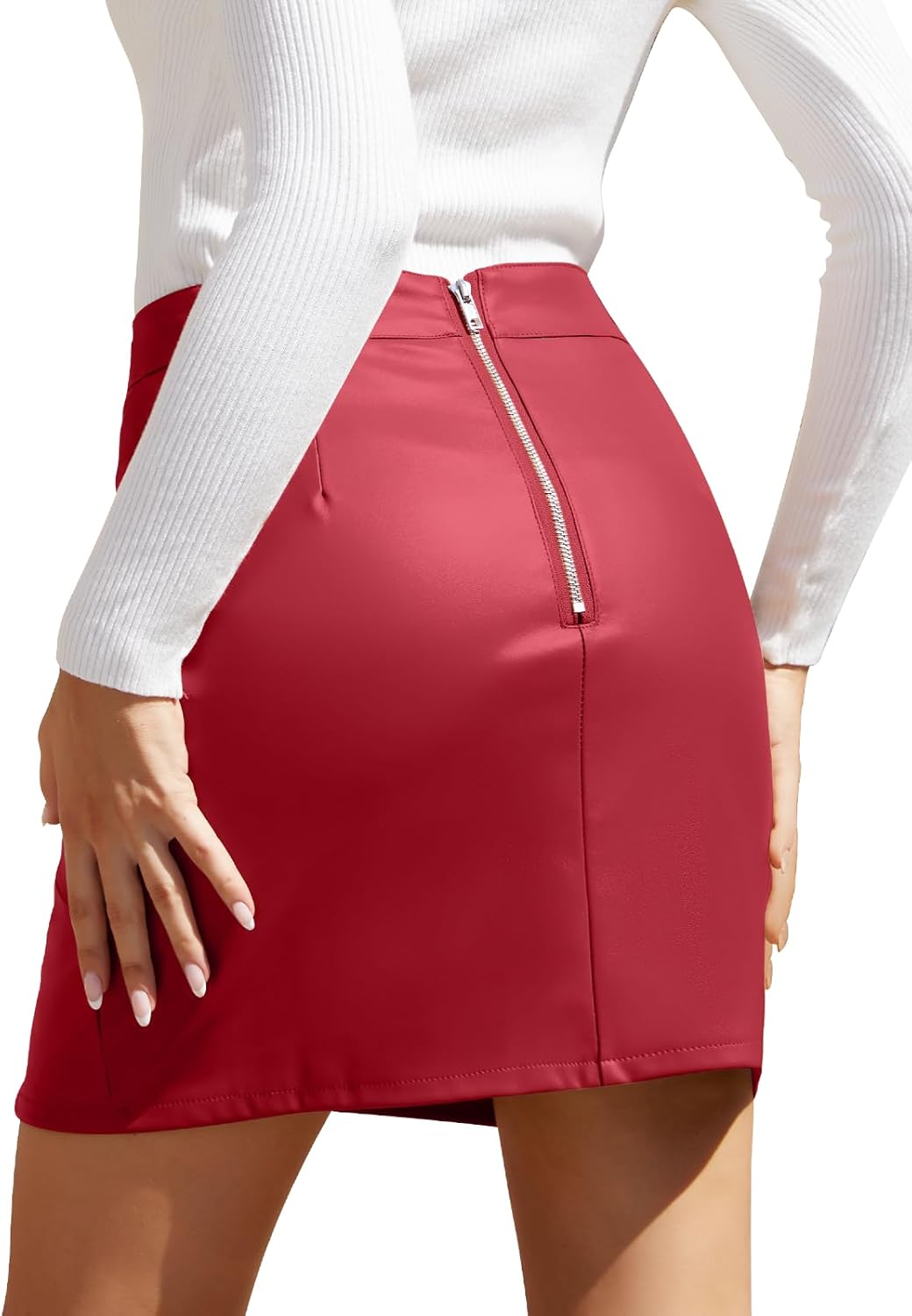 We1Fit Womens Fuax Leather Skirt High Waisted Bodycon Pencil Mini Skirts with Shorts - Image 2