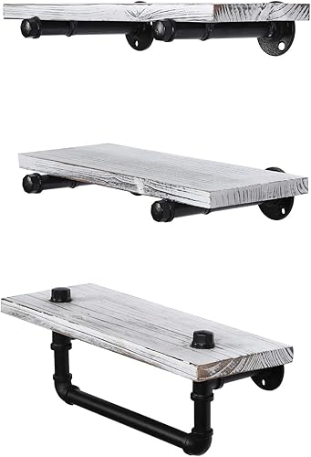 Miniatura 7 de MyGift Organizador flotante de madera maciza lavada blanca para montaje en la pared, juego de 3 piezas montado en el baño estante de exhibición con