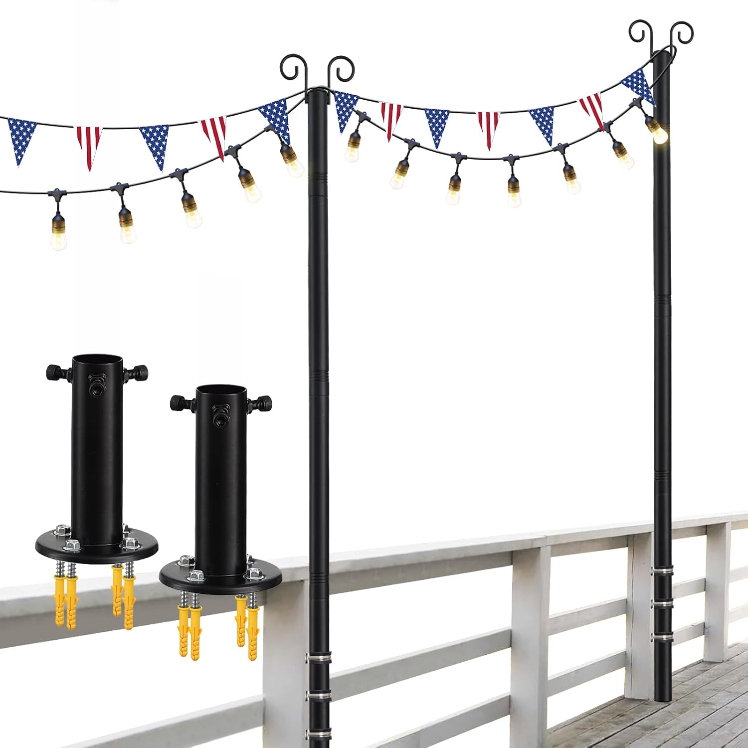 2-Pack Adjustable String Light Poles, 12.6 FT Light Poles for Outside Patio Heavy Duty, Outdoor Deck Lighting Poles with Brackets Bases for Fence Concrete Mount, Metal Stand Hanging Garden Party Decor