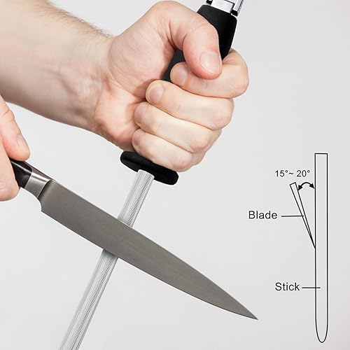 Miniatura 6 de BEWOS Varilla de afilar de 12 pulgadas, acero profesional para afilar cuchillos de acero al carbono de primera calidad, acero para afilar cuchillos,