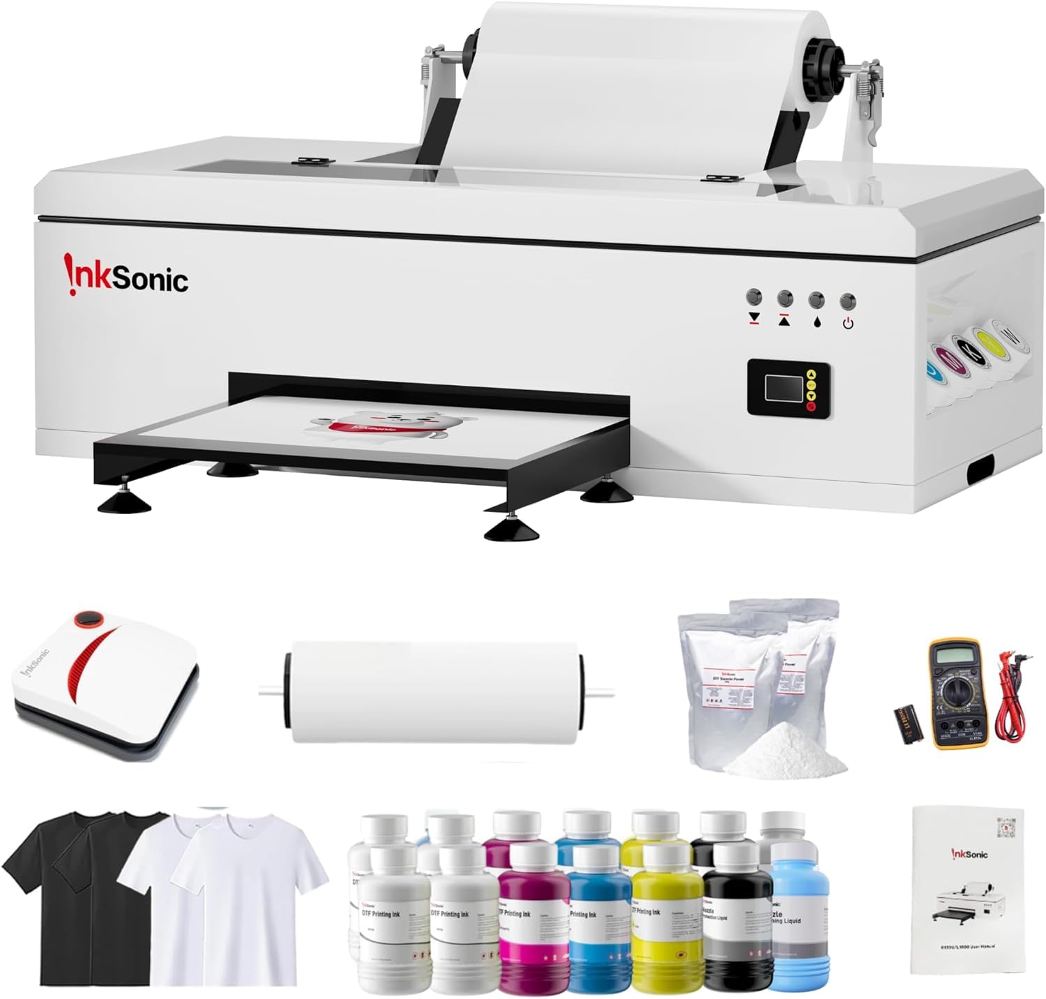 InkSonic R1390 DTF Printer A3, 13" Width DTF Transfer Printer Bundle with Heat Press Machine, Custom T-Shirt Printing Machine, Direct to Film, White Ink Circulation System, Multi-Material Compatible