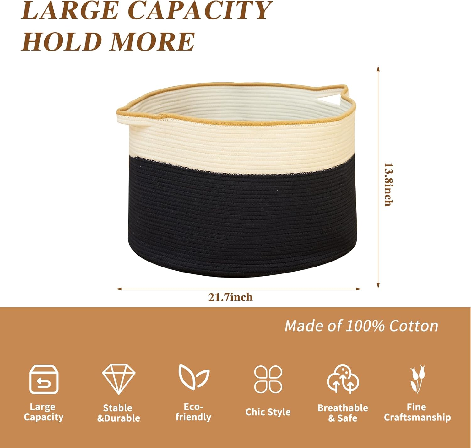 Casaphoria Blanket Basket, Laundry Hamper,Woven Storage Basket, Laundry Basket, 21.7 * 21.7 * 13.8in Clothes Baskets for Organizing,Clothes Hamper (White& Navy Blue)