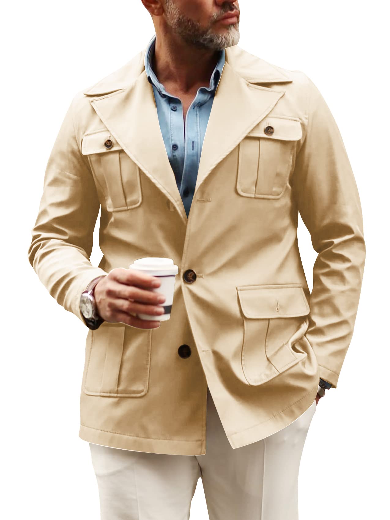 Pretifeel Mens Lightweight Safari Jacket Casual Military Button Up Multi-Pocket Cargo Coat Outwear