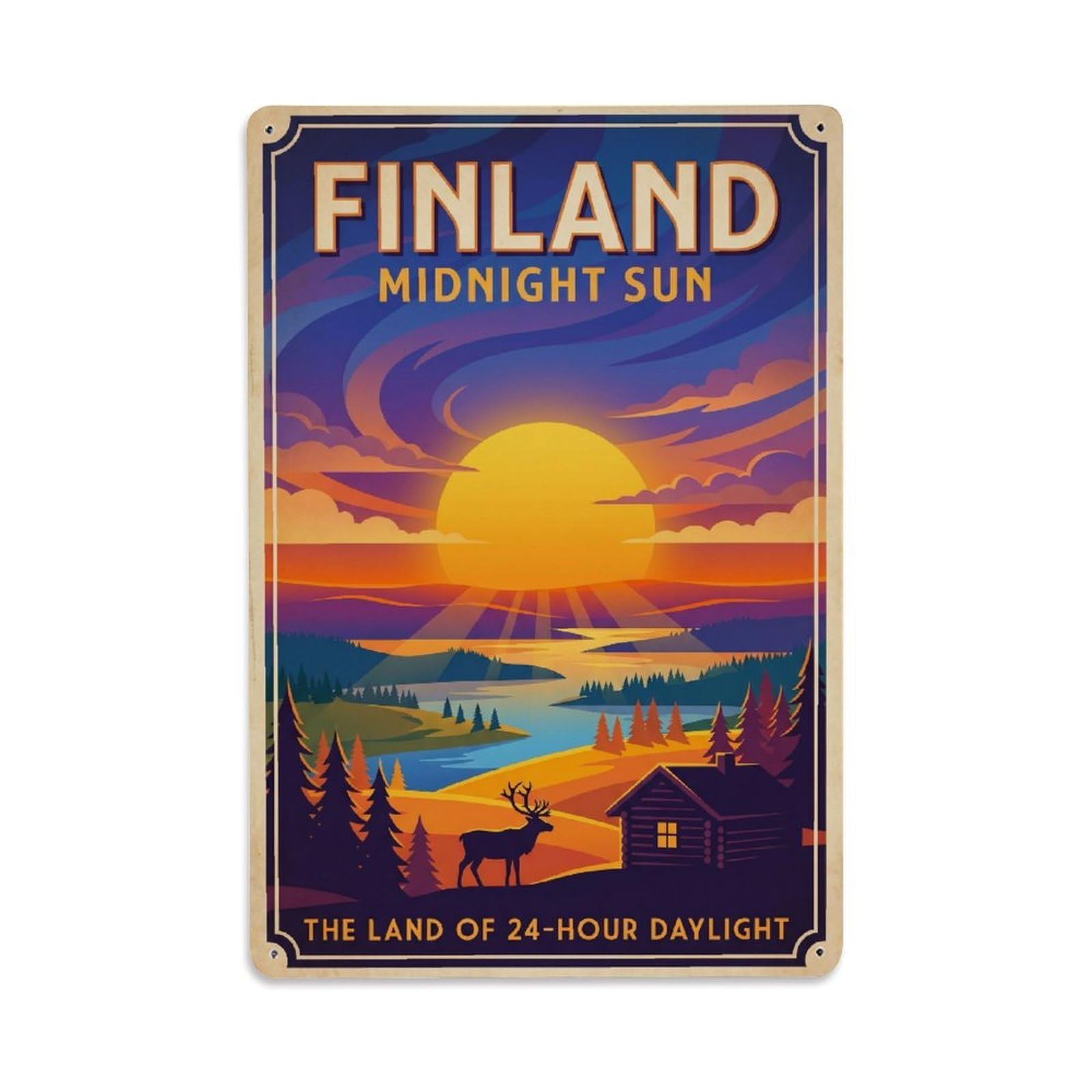 Olhnbad Style Finland Midnight Sun Summer Lake Travel Sailing Metal Tin Sign