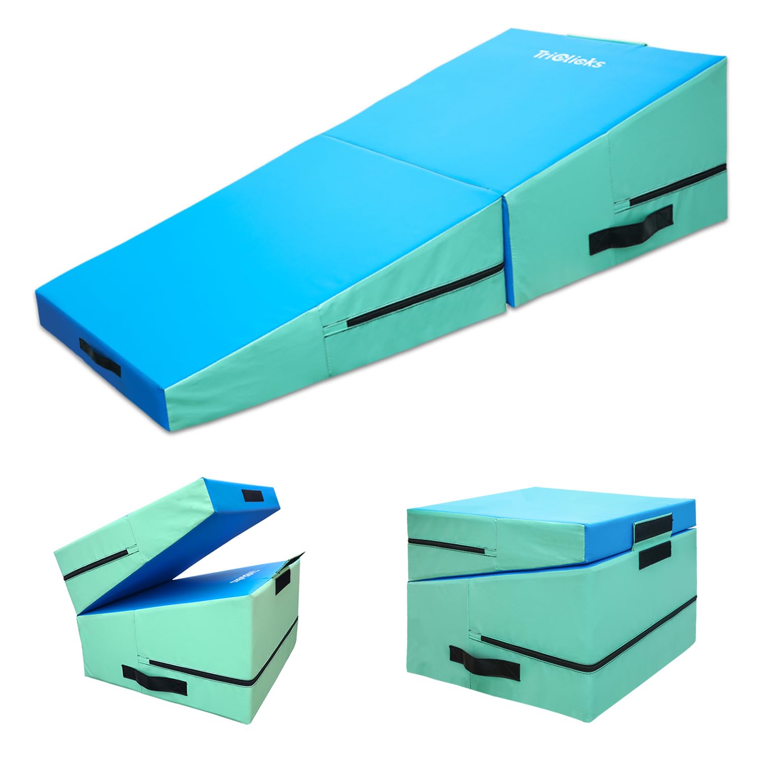 Triclicks Foldable Incline Gymnastics Mat, Wedge Gymnastics Mat, Cheese Wedge Skill Shape Tumbling Mats with Carry Handle, 60 x 60 x 43cm, Yoga Mats for Home Fitness Aerobic Exercise (Blue)
