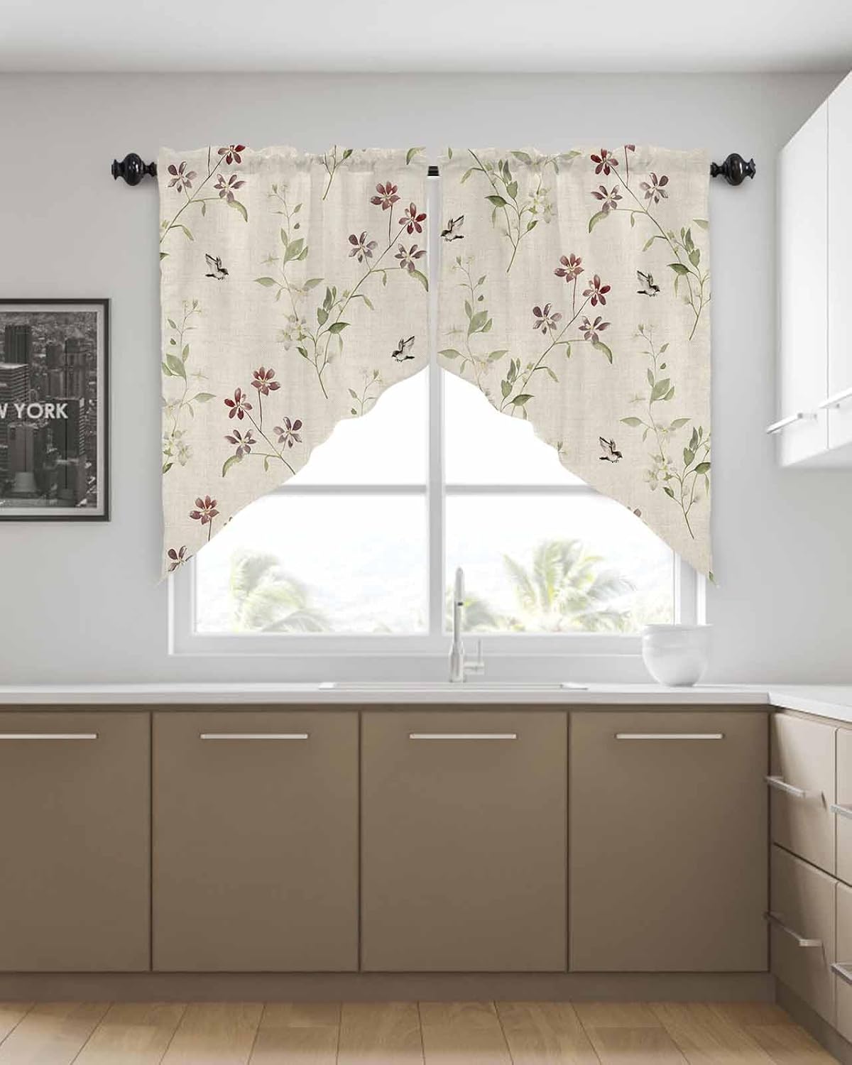 Retro Floral Blossom Swag Curtain,Watercolor Leaves Flower Kitchen Valances Rod Pocket Curtains Tier Pair Swag Topper,Vintage Linen 2 Panels Window Treatment for Bathroom Living Room Bedroom