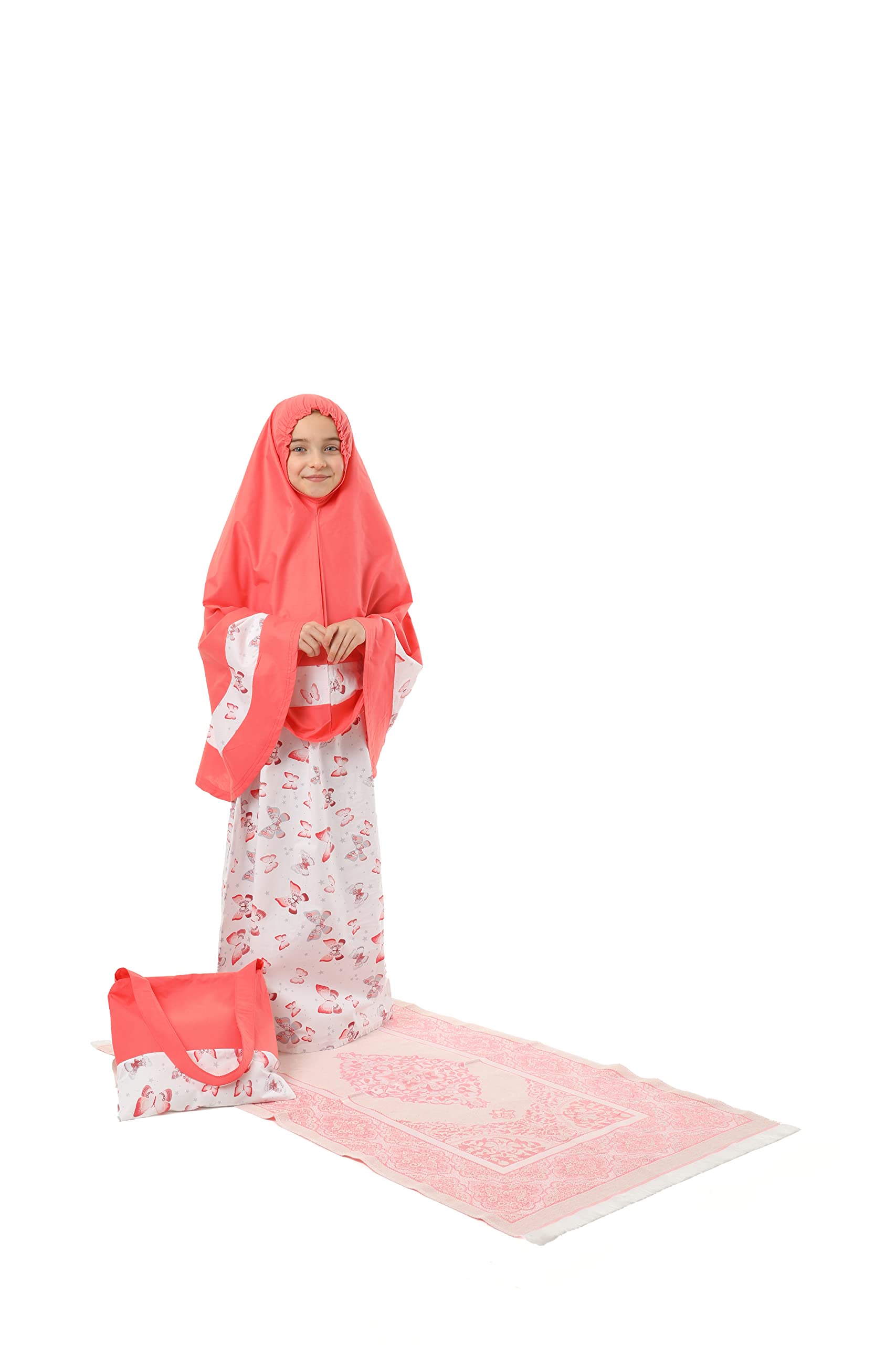 Girls modlitewne ubrania dla dzieci Islamska odzież 4-częściowy zestaw modlitewny spódnica sukienka z szalikiem na głowę, matą modlitewną, torbą i różańcem z nadrukiem motyla