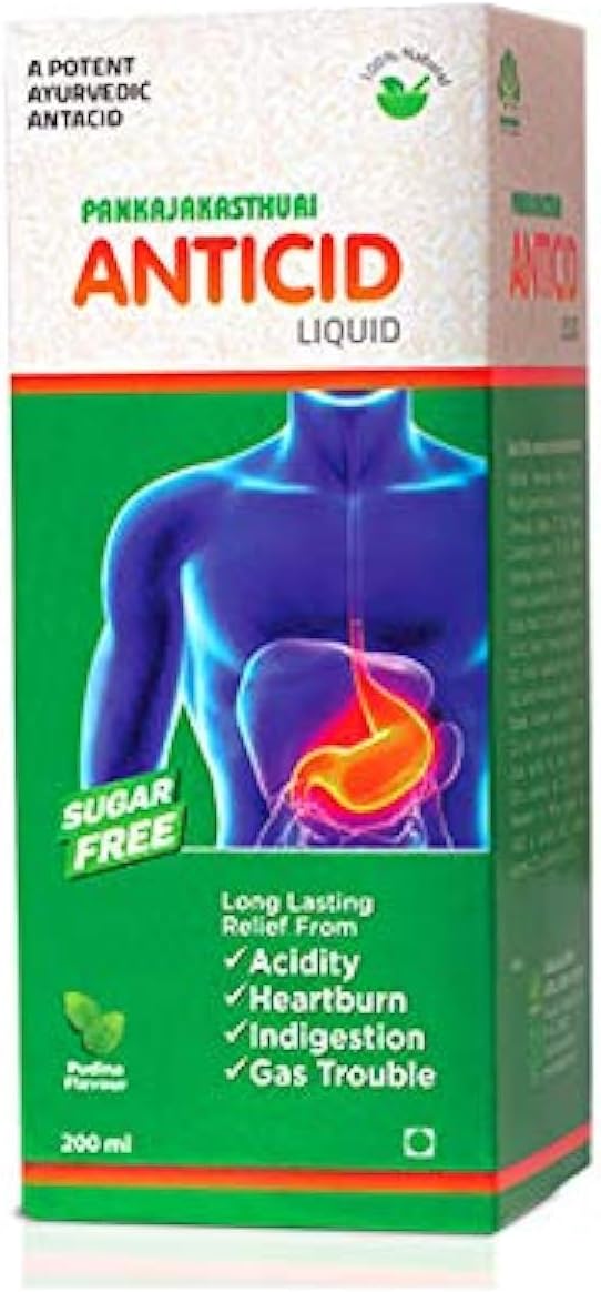 Pankajakasthuri Antacid Liquid- Provides Quick and Long-Lasting Relief from Acidity, Heartburn, Indigestion & Gas Trouble - Sugar Free - Pudina Flavour - 200 ml