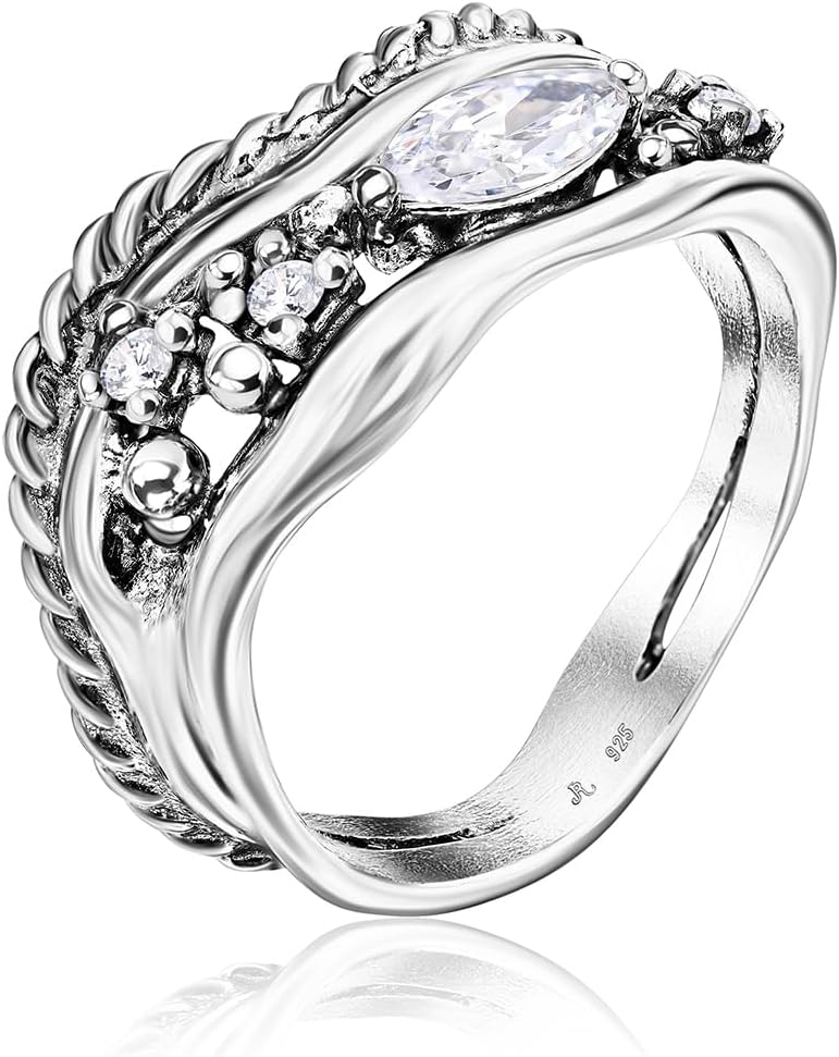JEAN RACHEL JEWELRY 925 Sterling Silver Ring - Curved Rope with Marquise Cubic Zircona Vintage Design - Hypoallergenic, Lead & Nickel Free Jewelry - Artisan Handcrafted Statement Rings for Women