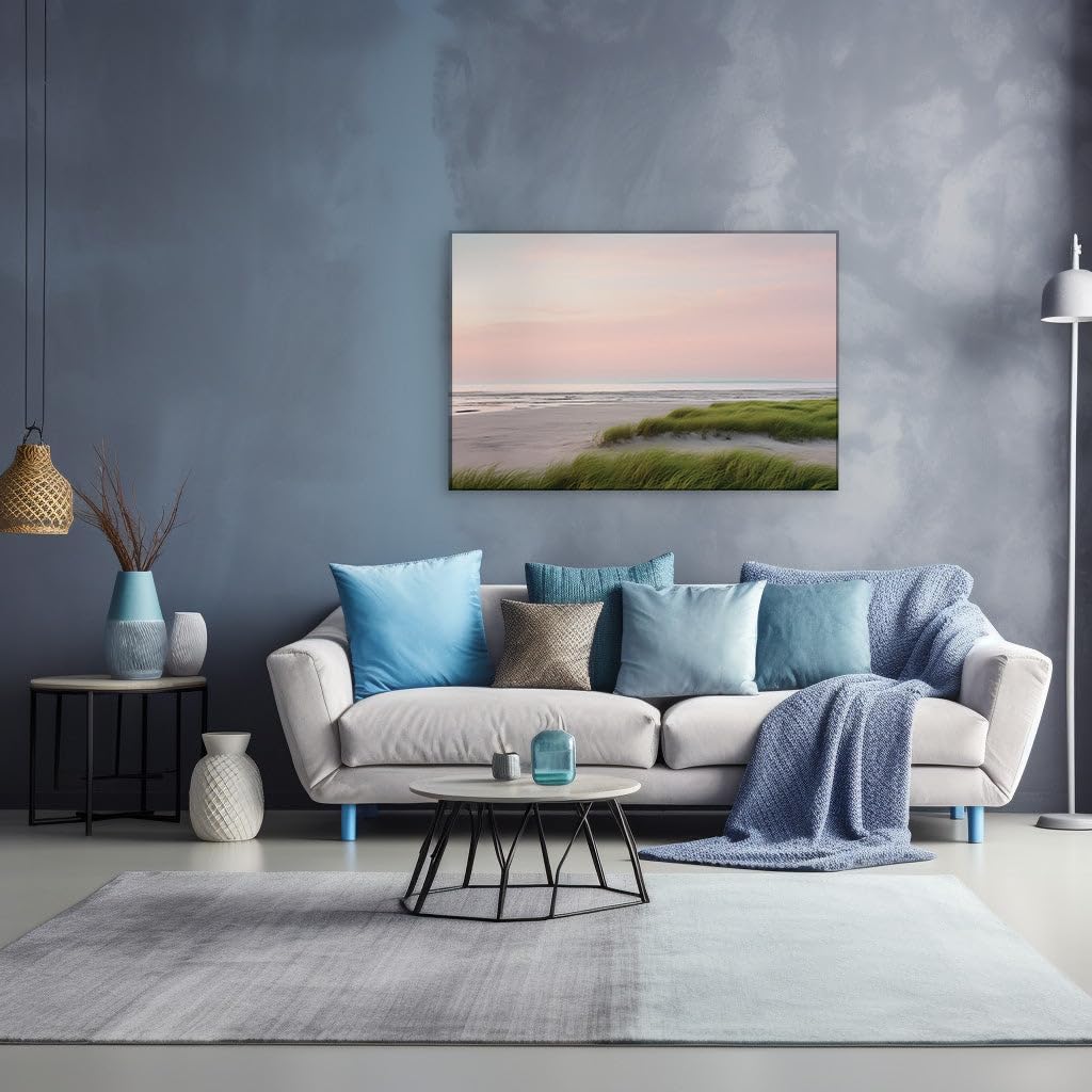 Canvas for Living Room. Sunset Serenity: A Lush Tapestry on a Tranquil Shore, 27 x 18 inch Canvas Wall Art - Beach Sunsets and Sunrises - Modern Home Decor