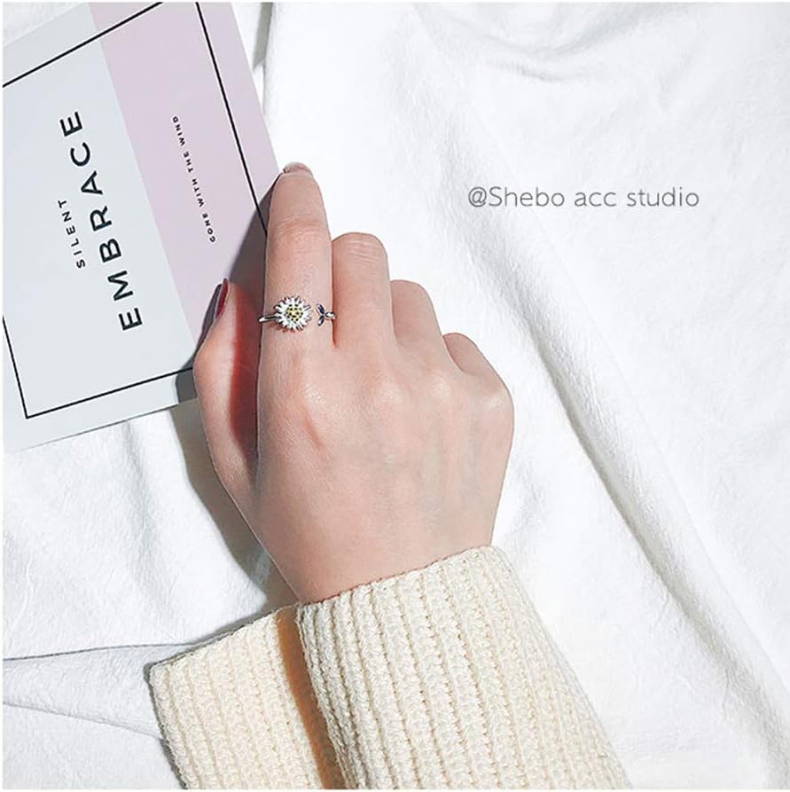 NewZenro Daisy Flower Cute Leaf Sterling Silver Engagement Open Toe Rings Dainty Adjustable Gold Plated Finger Promise Statement Sunflower Ring Jewelry Gifts for Birthday Women Daughter - Image 4