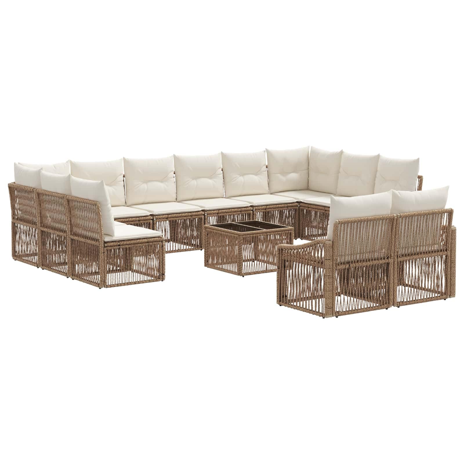 Juego de 13 sofás de jardín de polirratán beige con mesa resistente a la intemperie, conjunto modular para patio, balcón, jardín y porche, incluye cojines y almohadillas ajustables para los