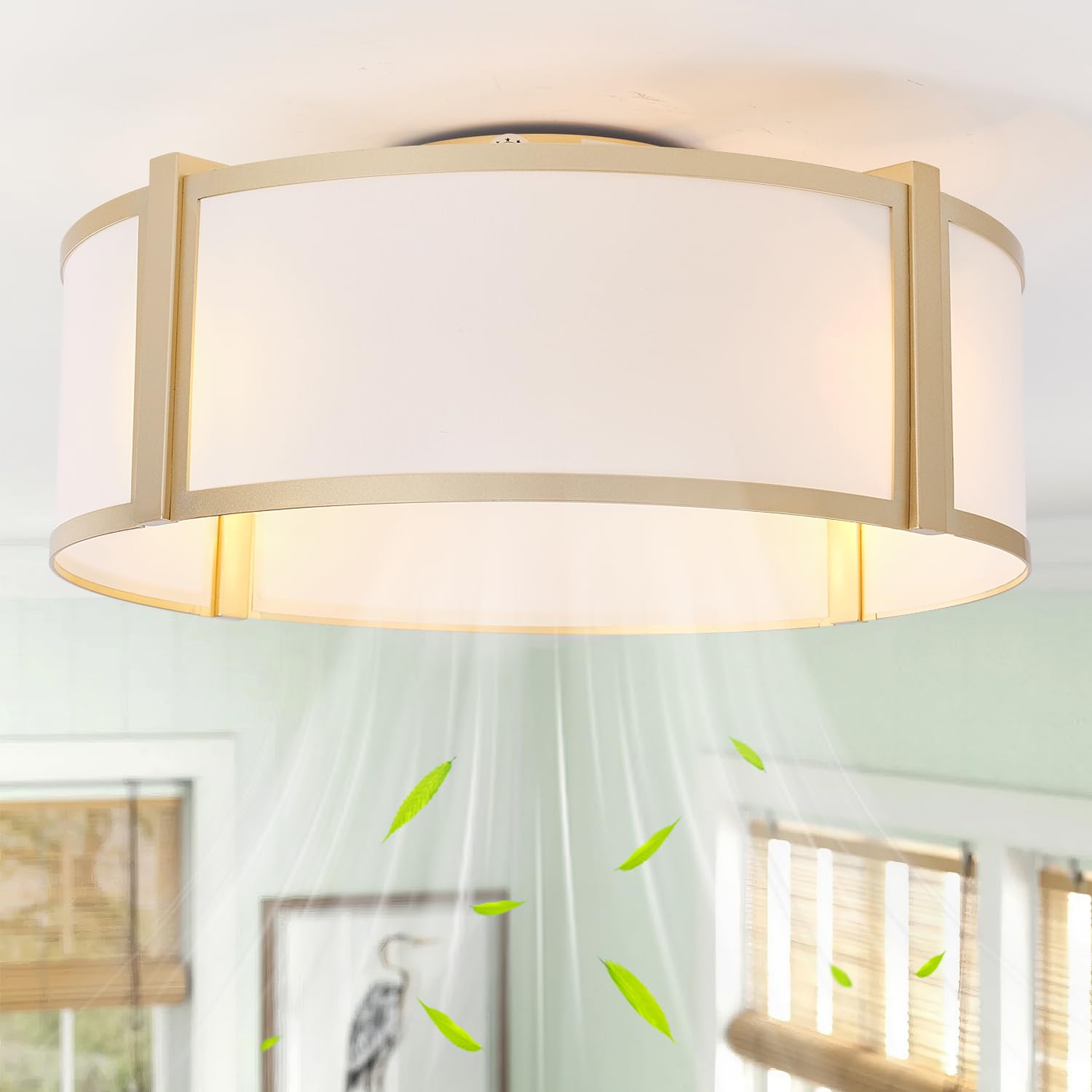 Photo 1 of zheshirui Gold Caged Ceiling Fan with Light, 20" Flush Mount, 6-Speed Remote