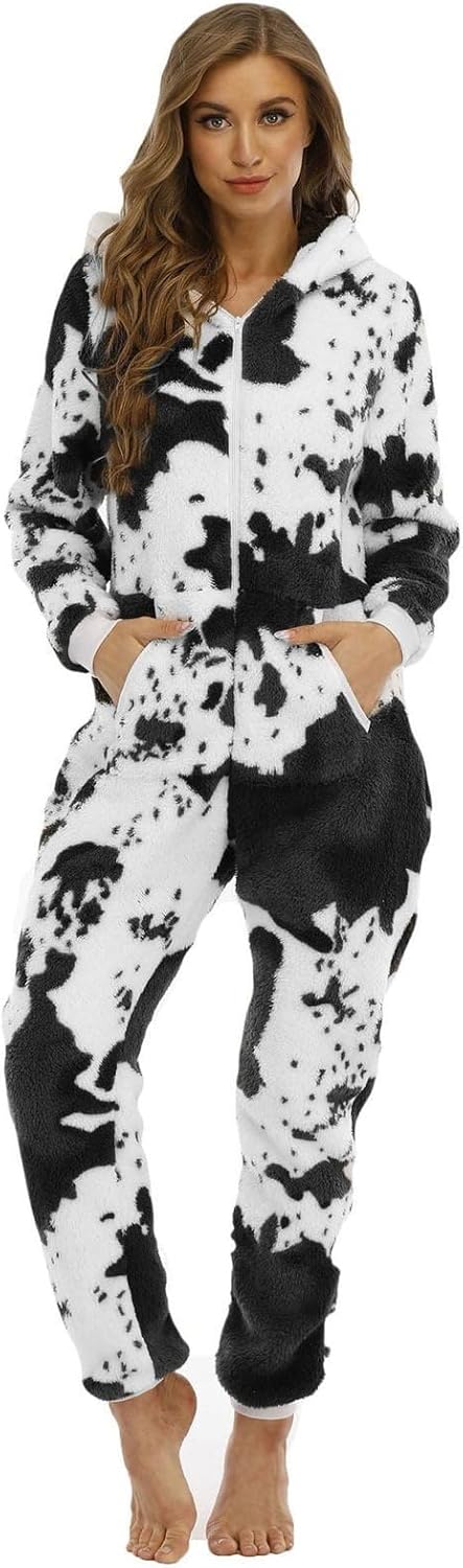 Women's Thermal Fuzzy Fleece Cow Onesie Pajamas Long Sleeve Adult Cute Cosplay Outfits Zipper Hooded Funny Animal