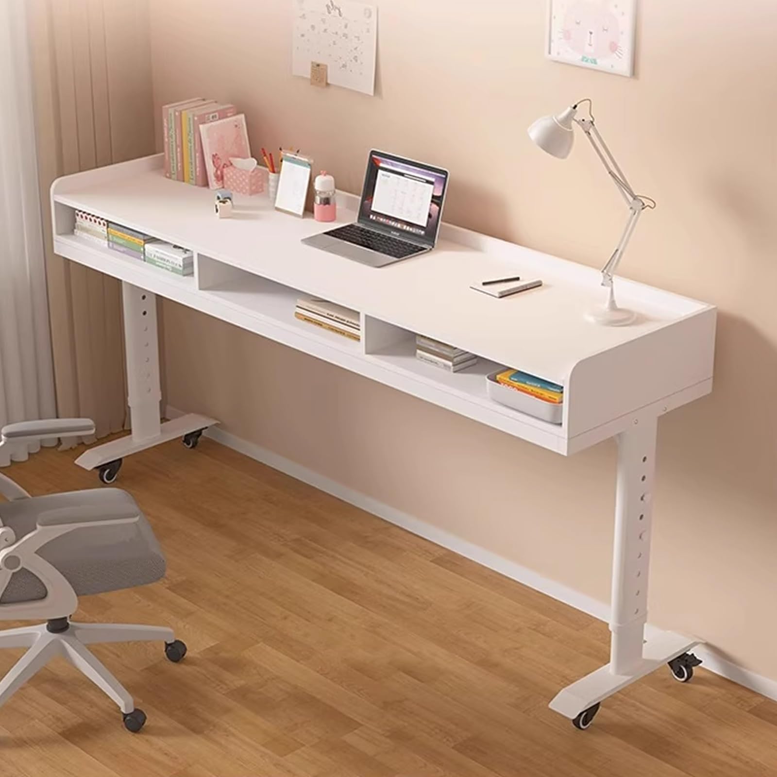Table de lit avec roues, bureau d'ordinateur portable en bois massif pour le lit, table de surlit réglable en hauteur 125kg capacité de charge, plateau à rouler stable pour la lecture de l'ensemble de