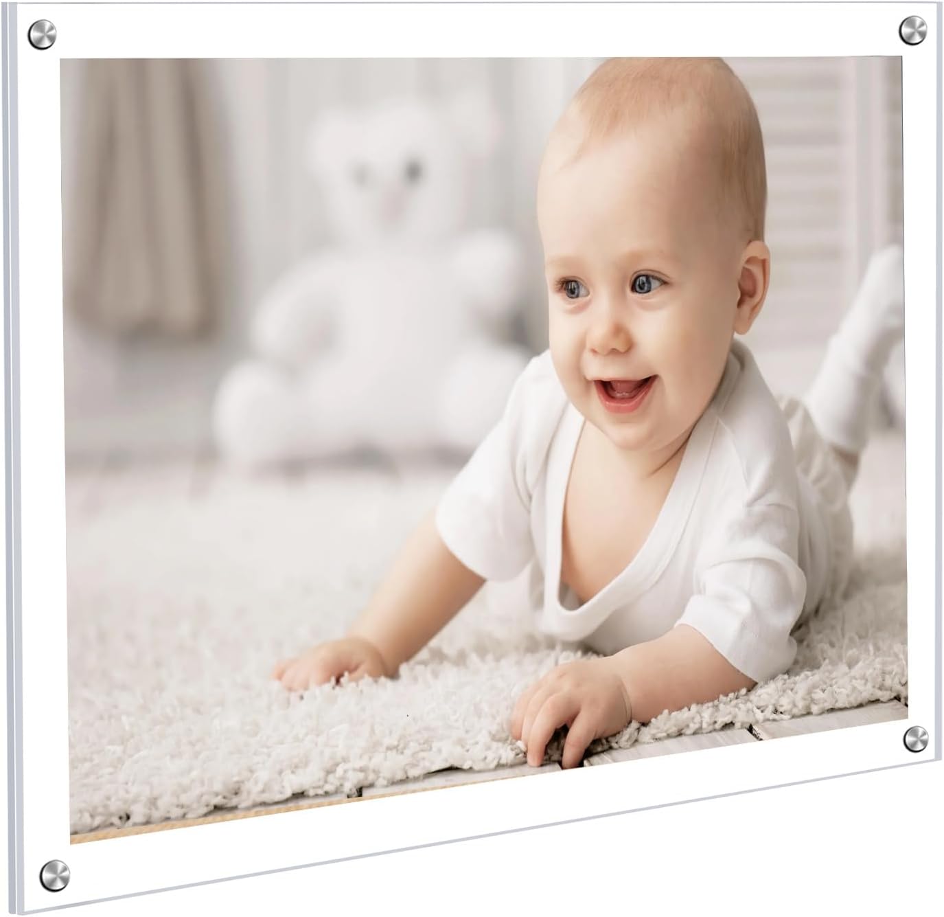 Kalami 8x10 Picture Frame Wall Mount Self Adhesive with Sliver Screws, Clear Acrylic No Drill Floating Frameless Poster Frame for Office Photo Canvas Document Gallery, Full Frame Size 10x11