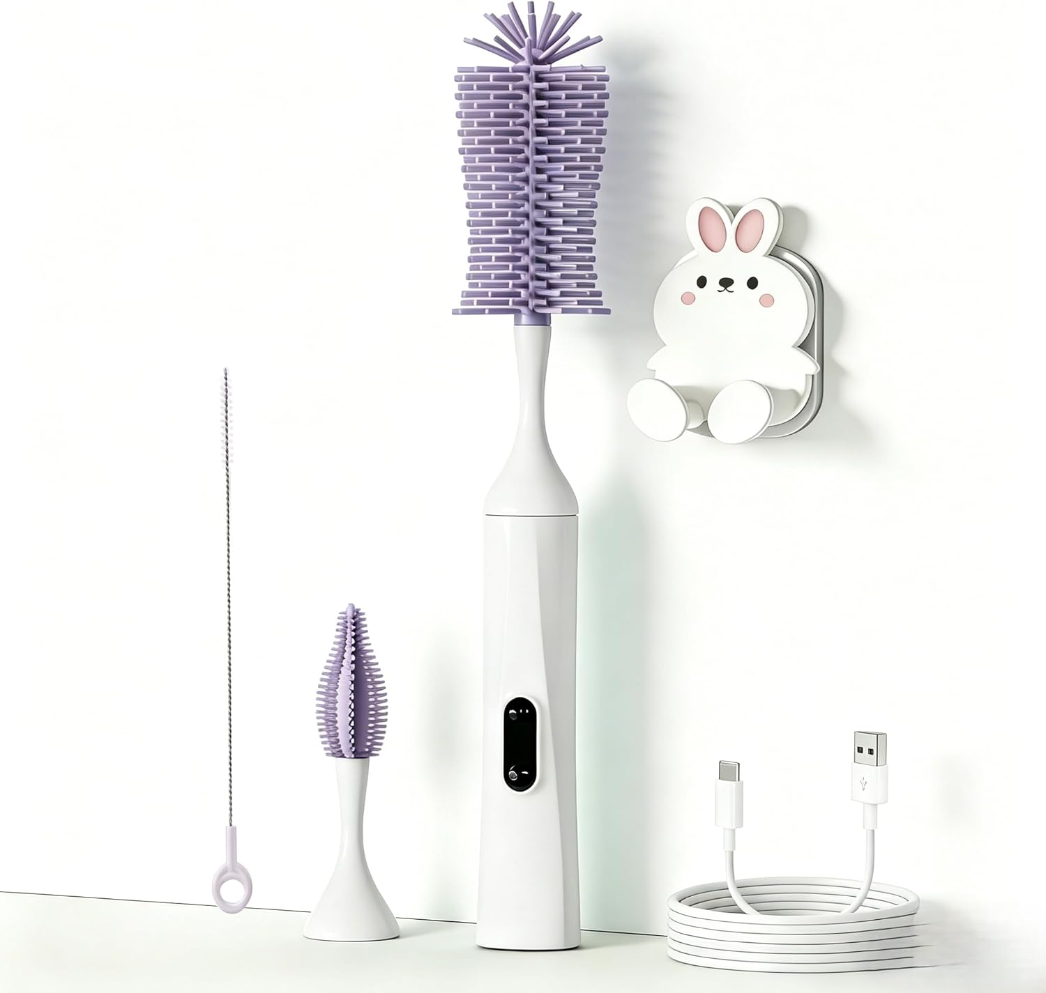 Rechargeable Electric Bottle Brush with 2 Speeds Powerful Automatic Bottle Cleaner,BPA-Free Silicone Spinning Design, Wall Mount & Straw Cleaner,Suitable for Baby Bottles & Kitchen (White+Purple)
