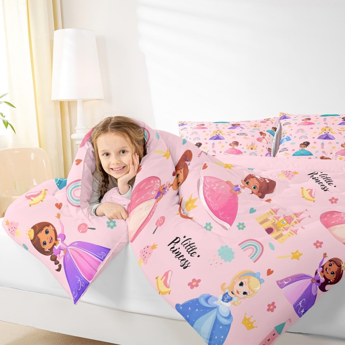 Erosebridal Kids Magical Princess Full Size Comforter Set, Girly Cute Castle Microfiber Bed Set for Bedroom, Cartoon Rainbow Breathable Quilt Set for Kids Girls, Pink Princess Down Comforter Pink Full image 8 of 9 B0FBRVXZX3