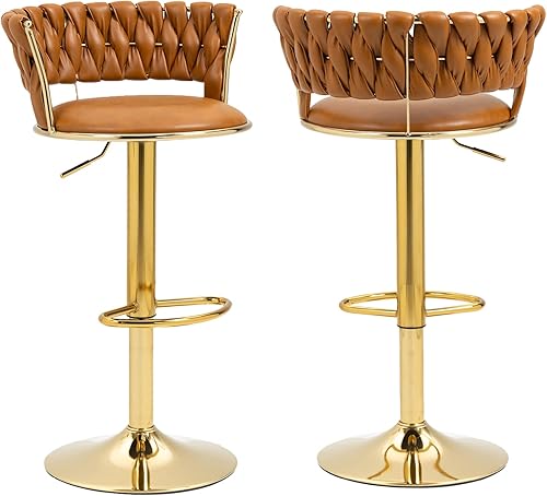 Juego de 2 taburetes de bar giratorios modernos de piel sintética, taburete de bar de mediados de siglo con respaldo tejido, sillas de comedor de